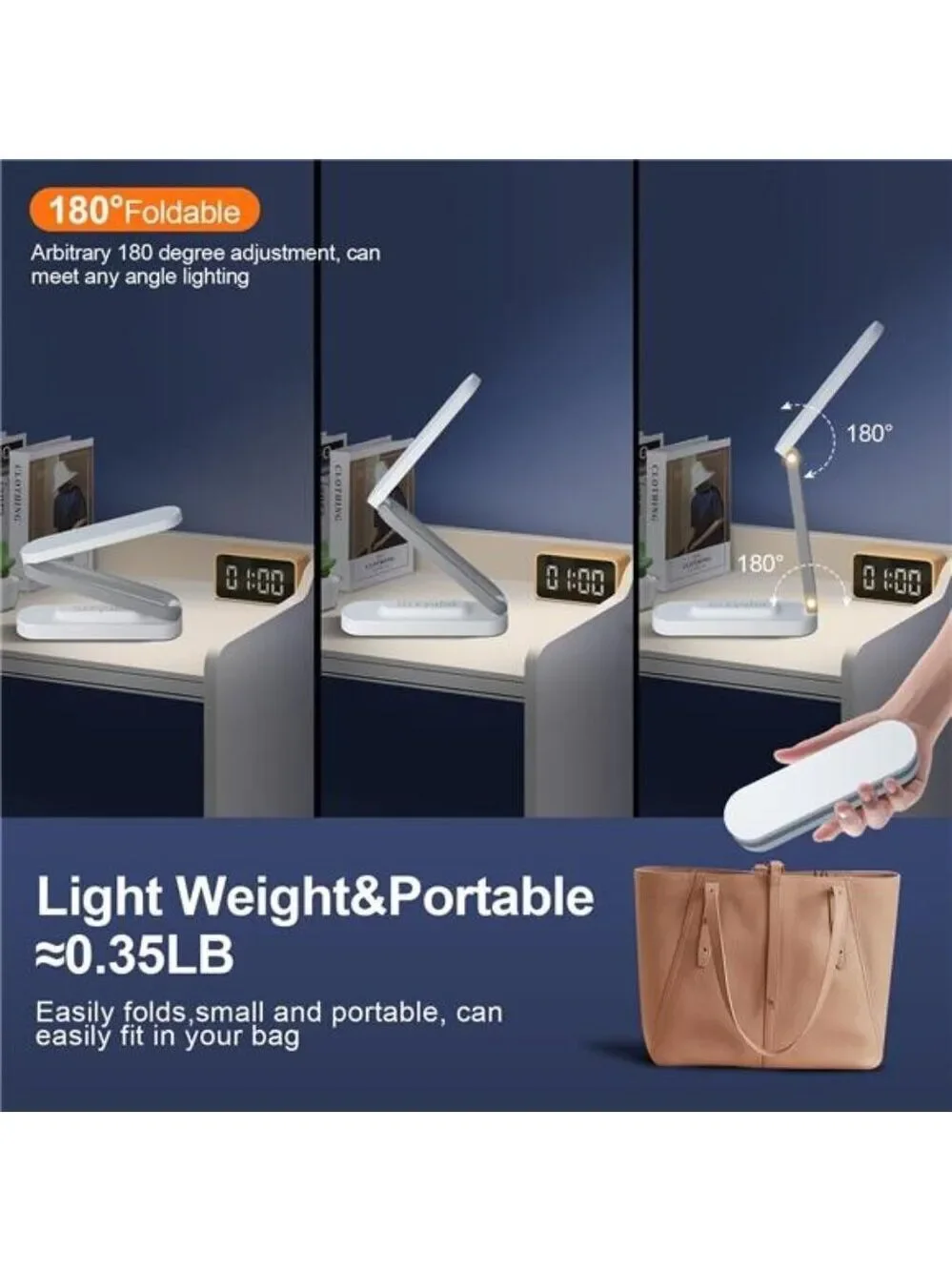 LED Desk Lamp Rechargeable Battery Operated Foldable Portable Dimmable White